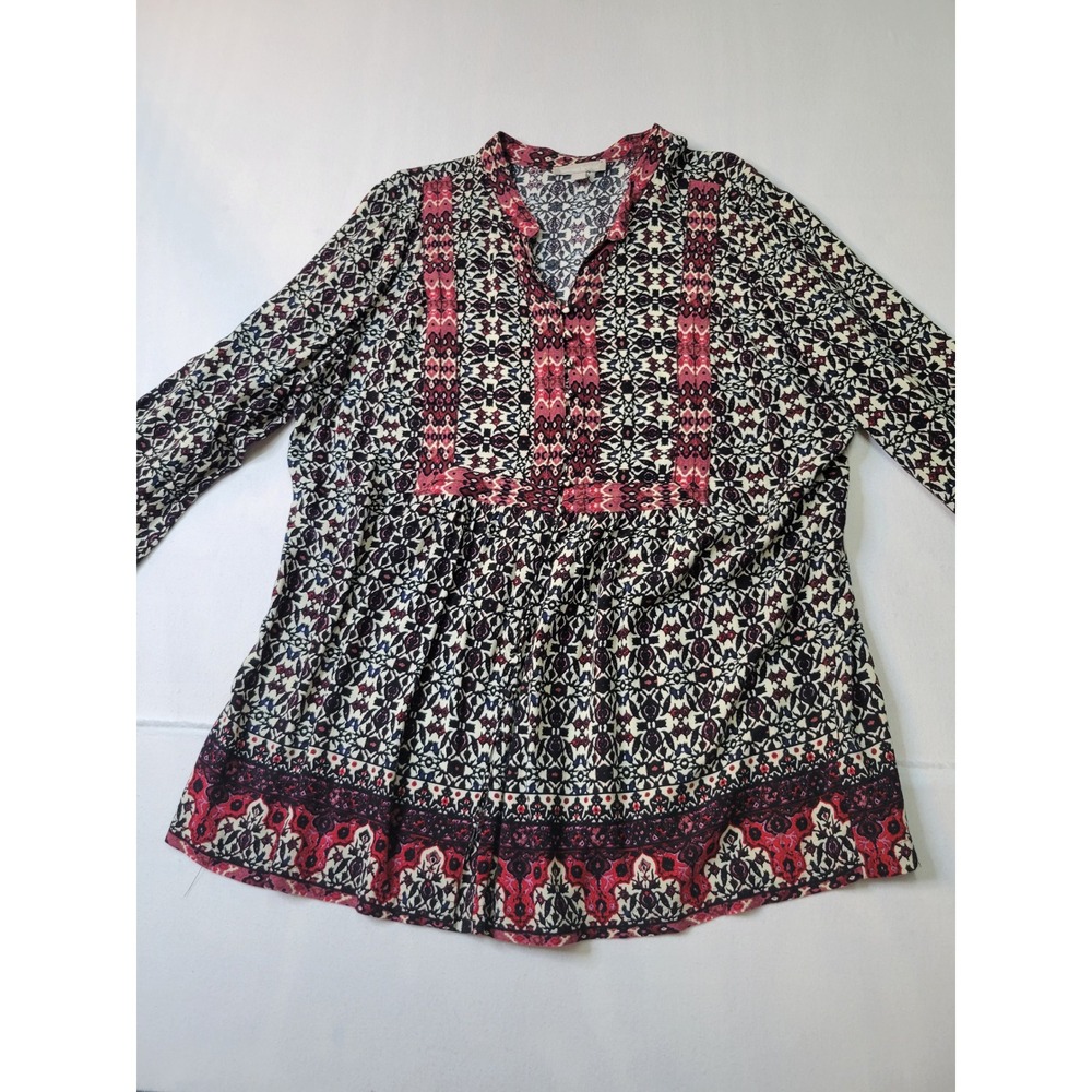 Woman Within Tunic Top 1X 22/24 Pink Navy Geometric Floral Babydoll Blouse 2128